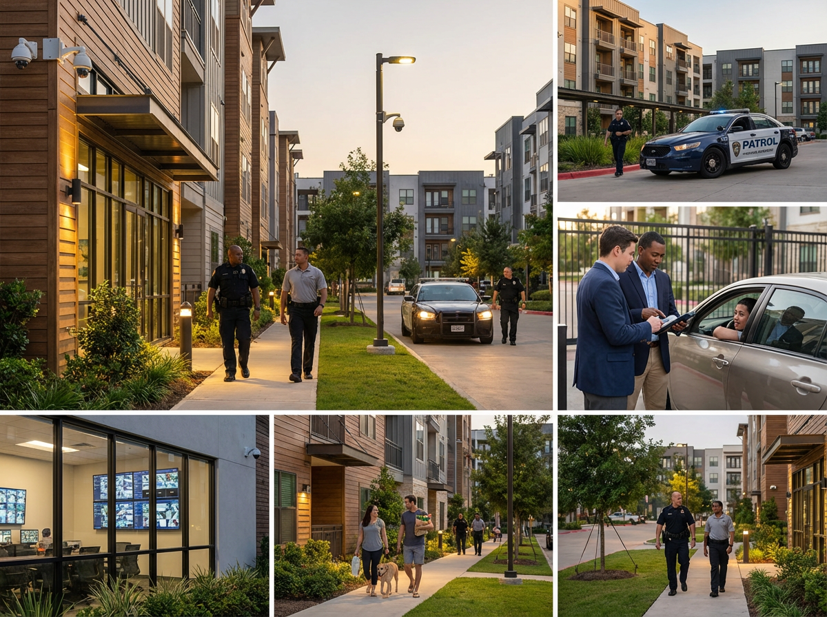 On-Site Apartment Community Security Services in Houston: Reducing Crime & Improving Resident Safety with American SPD 1 On-site apartment security officer patrolling a Houston multi-family community
