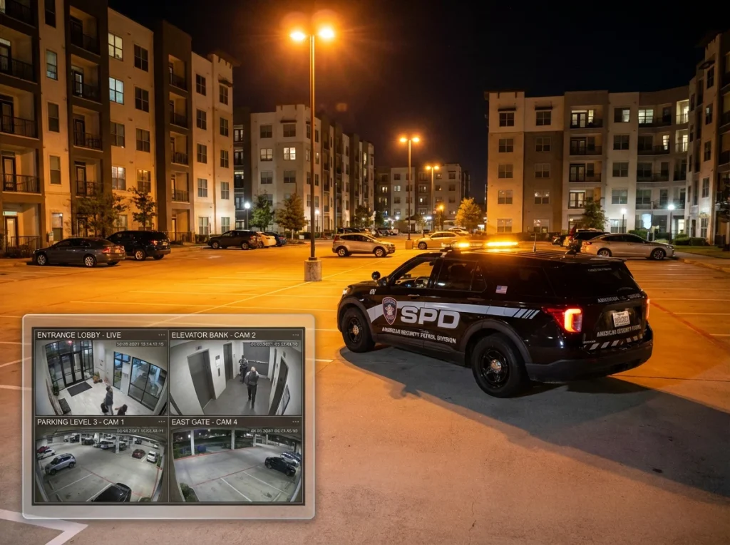 Marked security patrol SUV driving through a well-lit apartment parking lot at night with CCTV camera feeds displayed on a command center screen