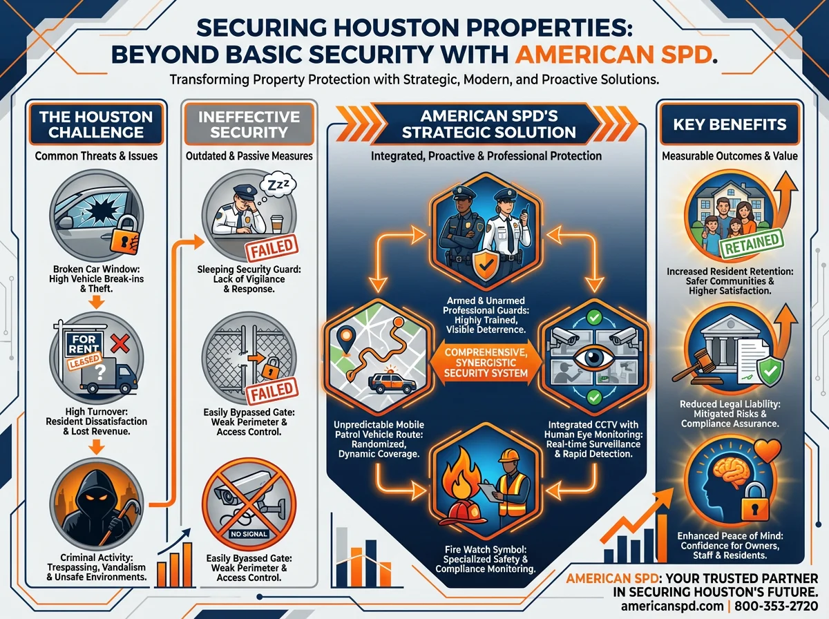 Infographic detailing property security challenges in Houston and American SPD's comprehensive solutions, including mobile patrols, integrated CCTV, and professional guards.