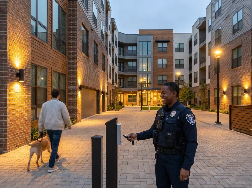Security officer conducting foot patrol and greeting resident at a secured access gate in a modern apartment community at dusk