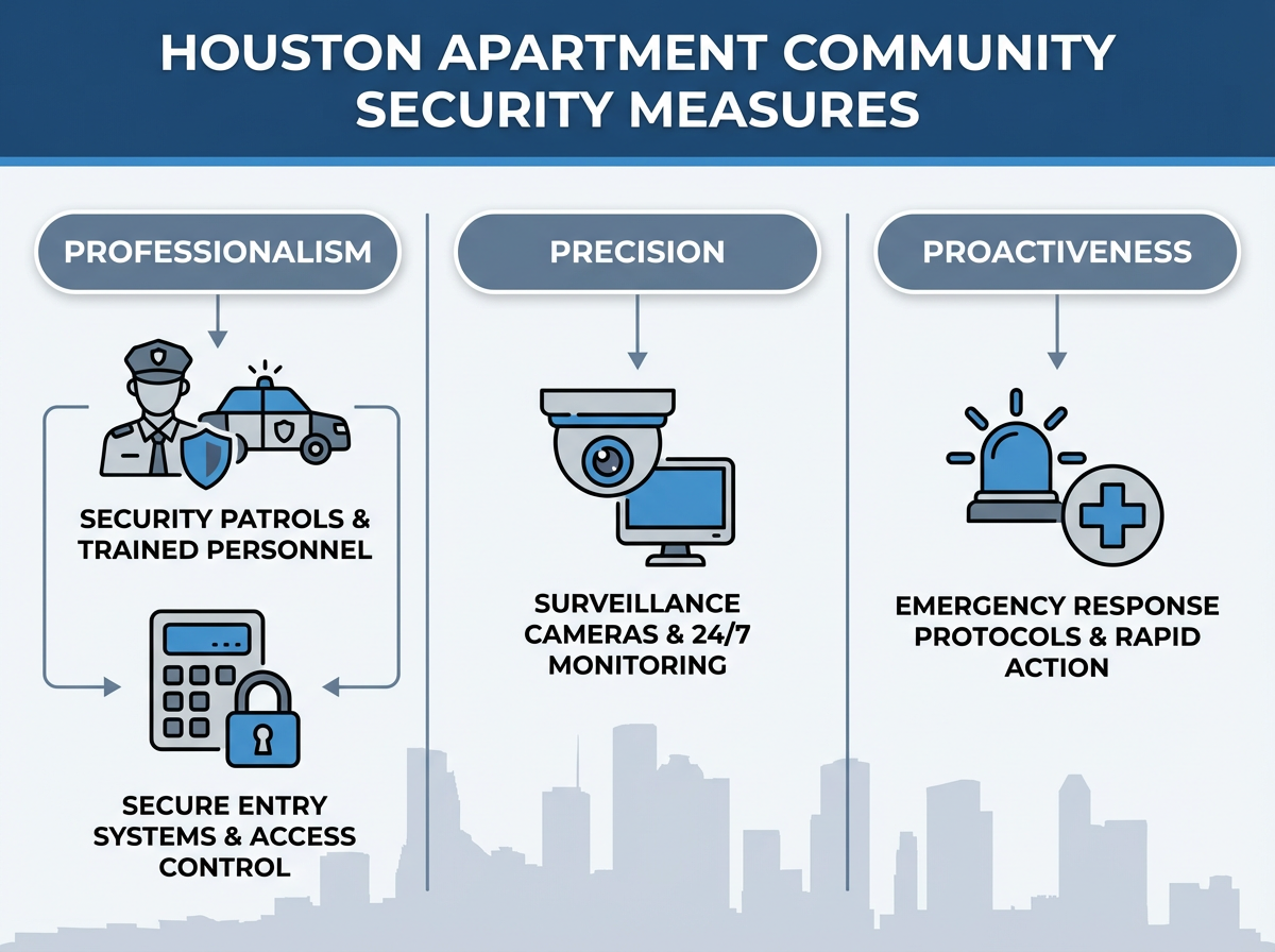 Security officer patrolling a Houston apartment community at night