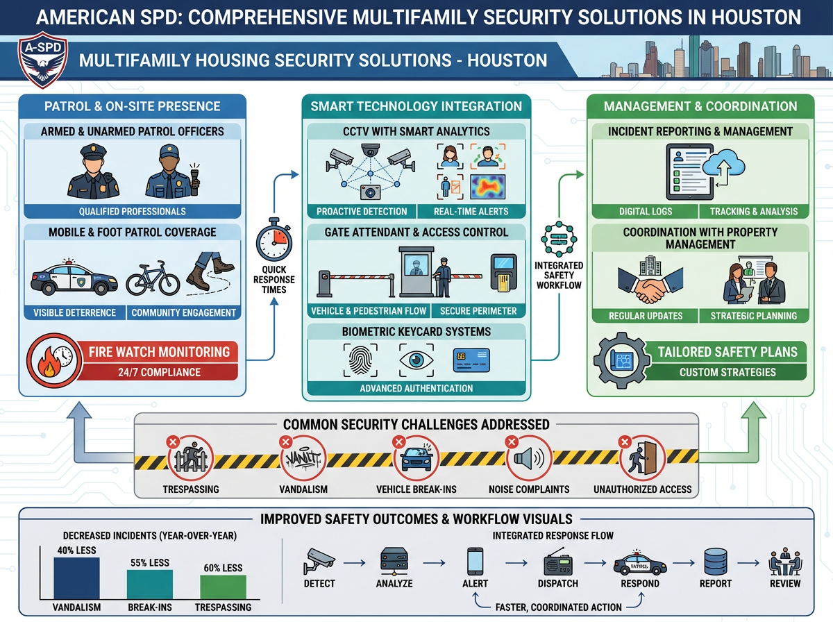 On-Site Apartment Community Security Services in Houston: Reducing Crime & Improving Resident Safety with American SPD 2 Comprehensive apartment community security services including patrols and monitoring