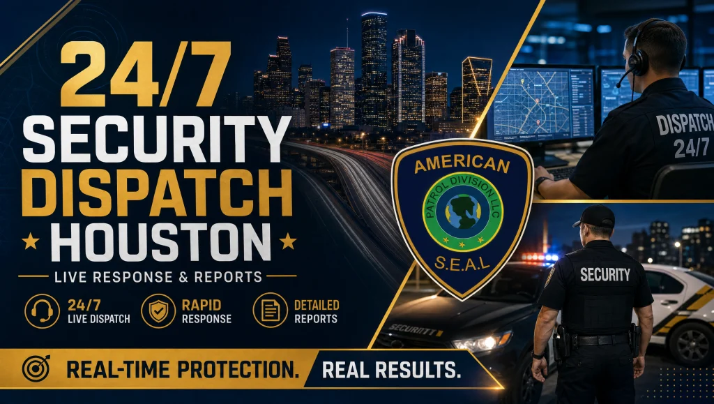 24/7 Security Dispatch Houston | Live Response & Reports 8 American SEAL Patrol Division dispatcher overseeing Houston properties, providing 24/7 security dispatch Houston property managers rely on for live response and clear incident documentation