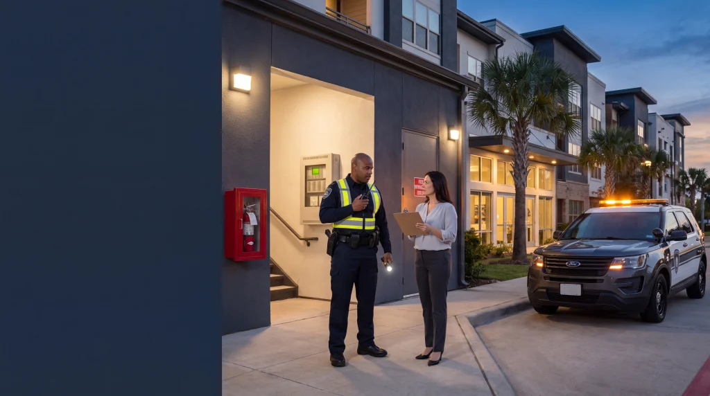 Fire watch services Houston officer walking an apartment hallway with a clipboard, recording time-stamped checks during a fire alarm outage