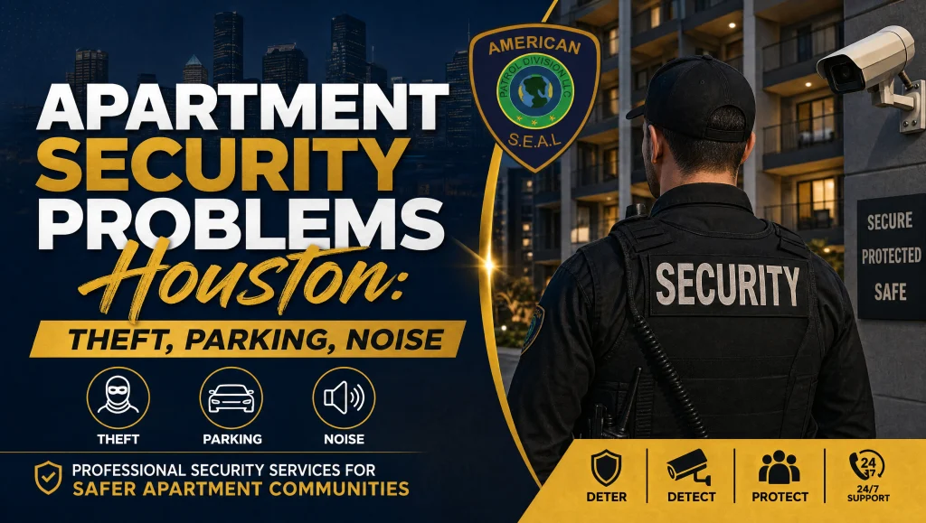 Apartment Security Problems Houston: Theft, Parking, Noise 9 Residents discuss apartment security problems Houston faces—package theft, parking lot incidents, and late-night noise—outside a mid-rise apartment complex.