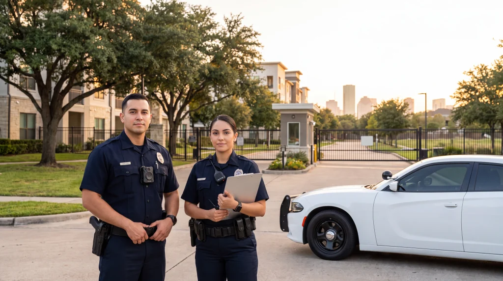Armed vs unarmed security guards Houston: a commissioned officer and an unarmed guard coordinate at a Houston apartment community entrance