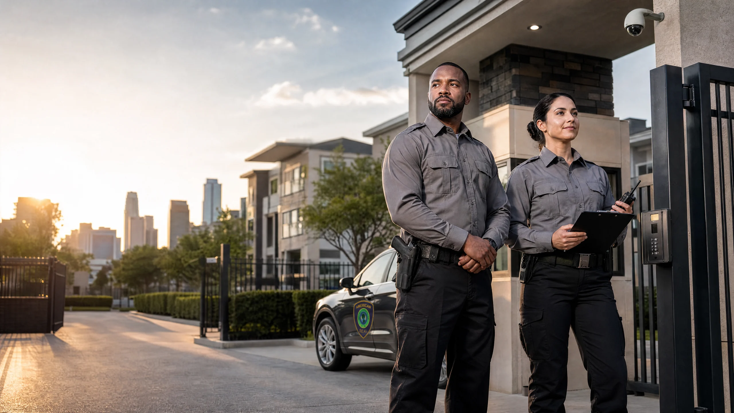 Two Houston security officers—one armed, one unarmed—patrolling an apartment community entrance, showing how to choose between armed vs unarmed security guards Houston