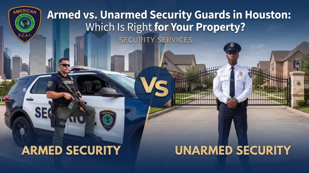 Property manager in Houston discussing armed vs unarmed security guards Houston options with American S.E.A.L. Patrol Division officers in uniform, reviewing site maps and patrol plans.