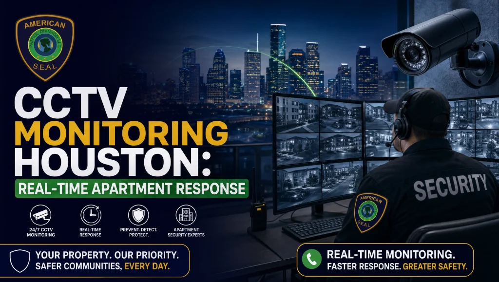 CCTV Monitoring Houston: Real-Time Apartment Response 10 Security operator reviewing multiple apartment cameras—CCTV monitoring Houston with live response, remote video monitoring, and gate access control.