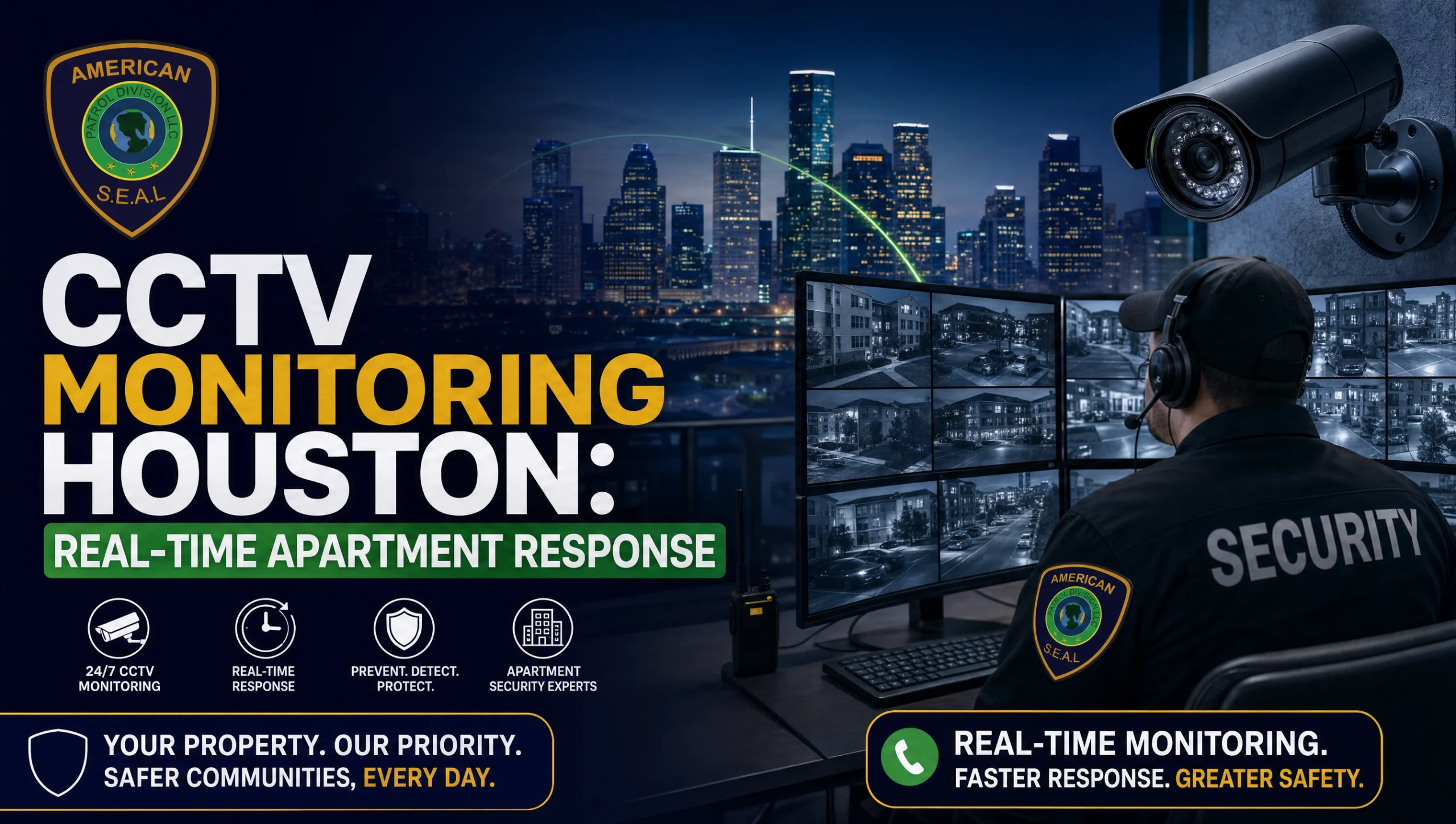 Security operator reviewing multiple apartment cameras—CCTV monitoring Houston with live response, remote video monitoring, and gate access control.