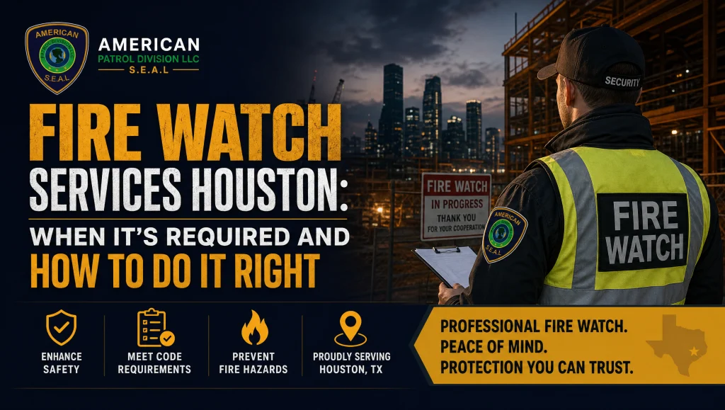 fire watch services Houston – security officer on a night patrol at a multifamily building, checking alarms and exits for life safety compliance