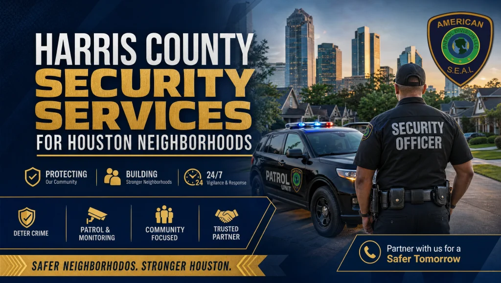 Harris County Security Services for Houston Neighborhoods 4 Uniformed officer on evening patrol outside a Houston apartment community, representing Harris County security services by American SEAL Patrol Division