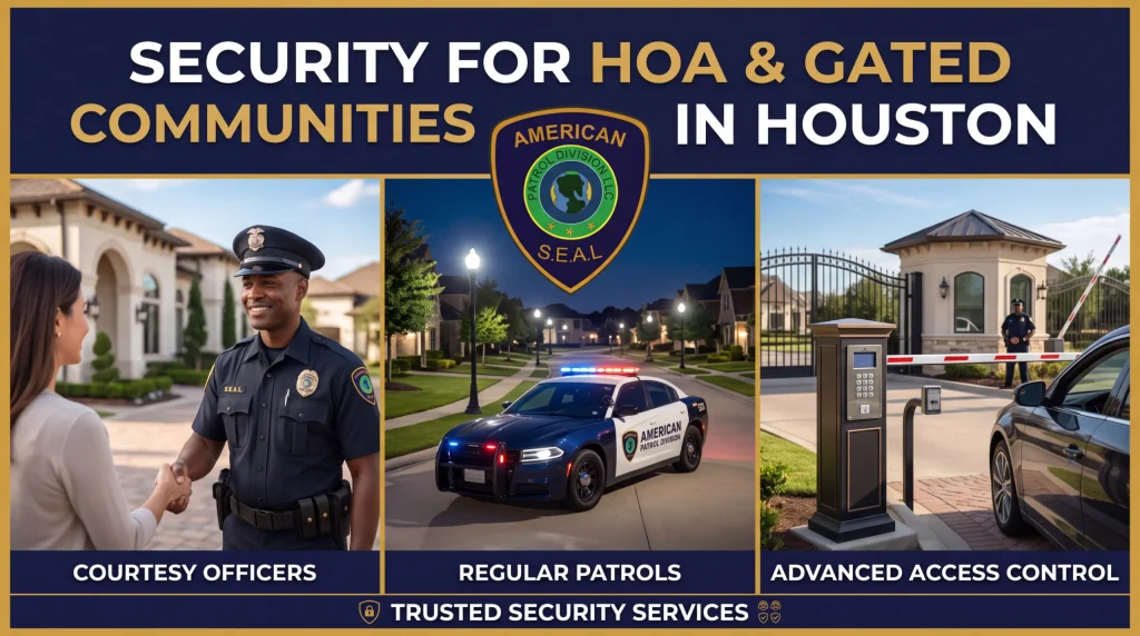 Courtesy officer at a Houston gated entrance checking visitor IDs and managing access—professional HOA security Houston with patrol vehicle nearby