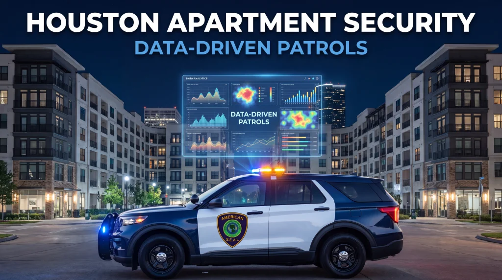 Security officer on evening patrol at a Houston apartment community, illustrating Houston apartment security guided by data-driven routes