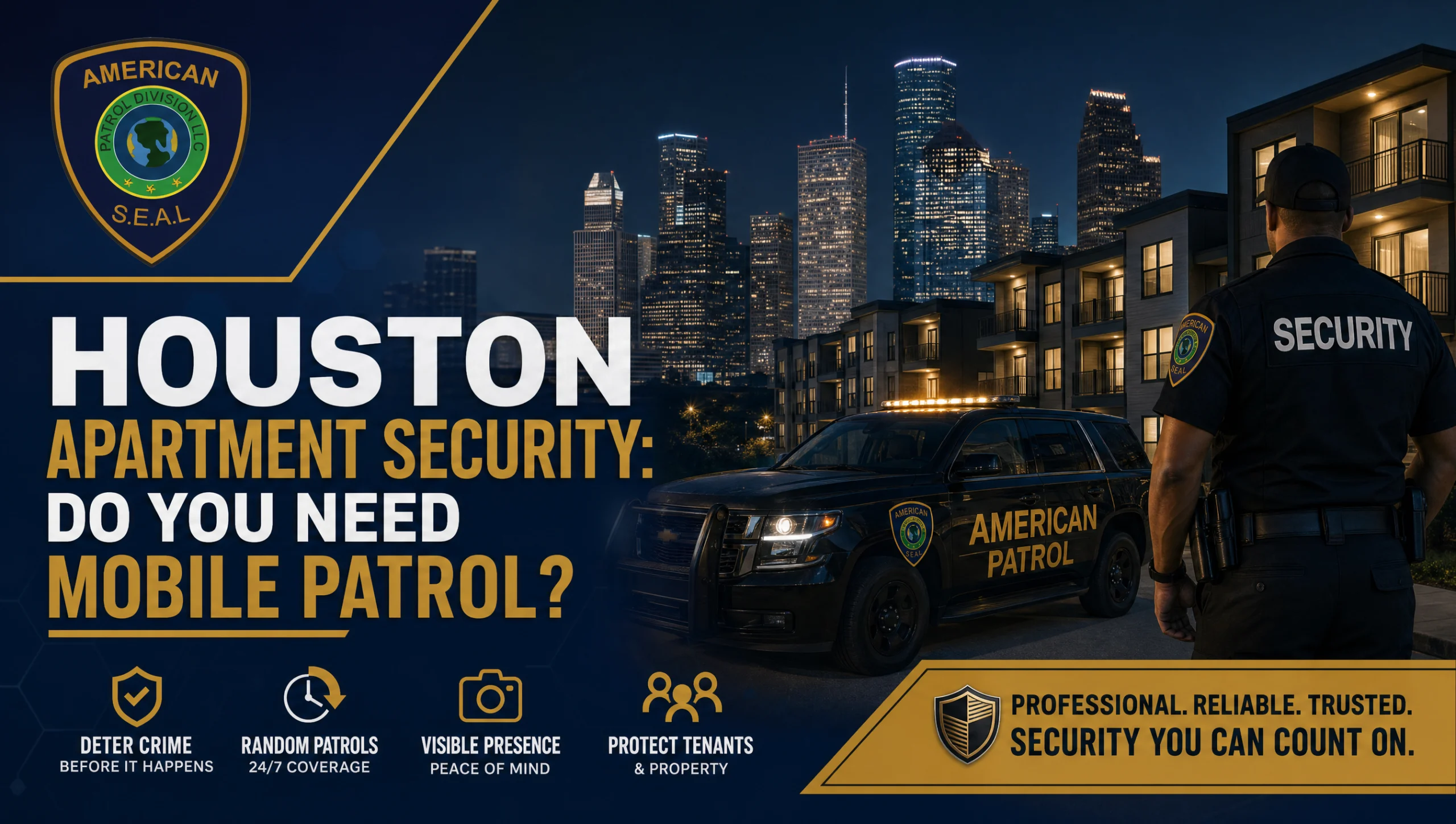 Mobile patrol vehicle driving through a Houston apartment community at dusk, illustrating practical Houston apartment security