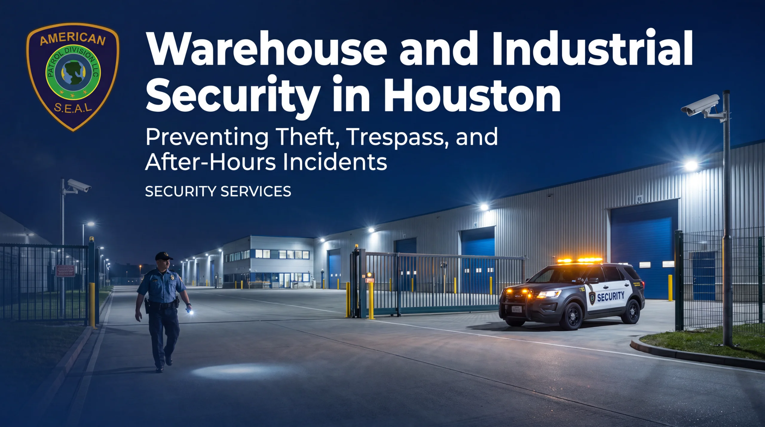 After-hours perimeter patrol at a Houston warehouse by American SEAL Patrol Division—industrial security Houston aimed at preventing trespass, theft, and incidents.