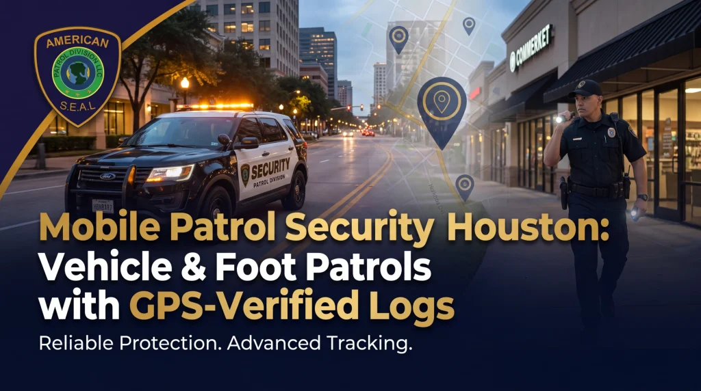A mobile patrol security Houston team conducts a vehicle sweep while a foot patrol officer checks gates, recording GPS time-stamped logs on an in-car tablet.