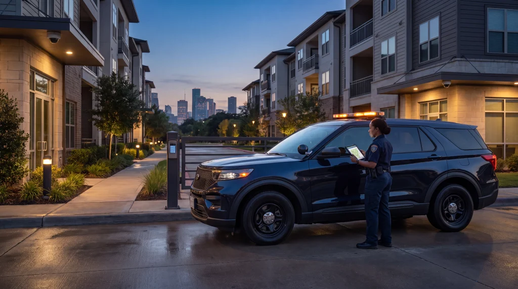Mobile security patrols Houston with GPS-verified vehicle coverage and foot patrol security at a gated apartment community at night