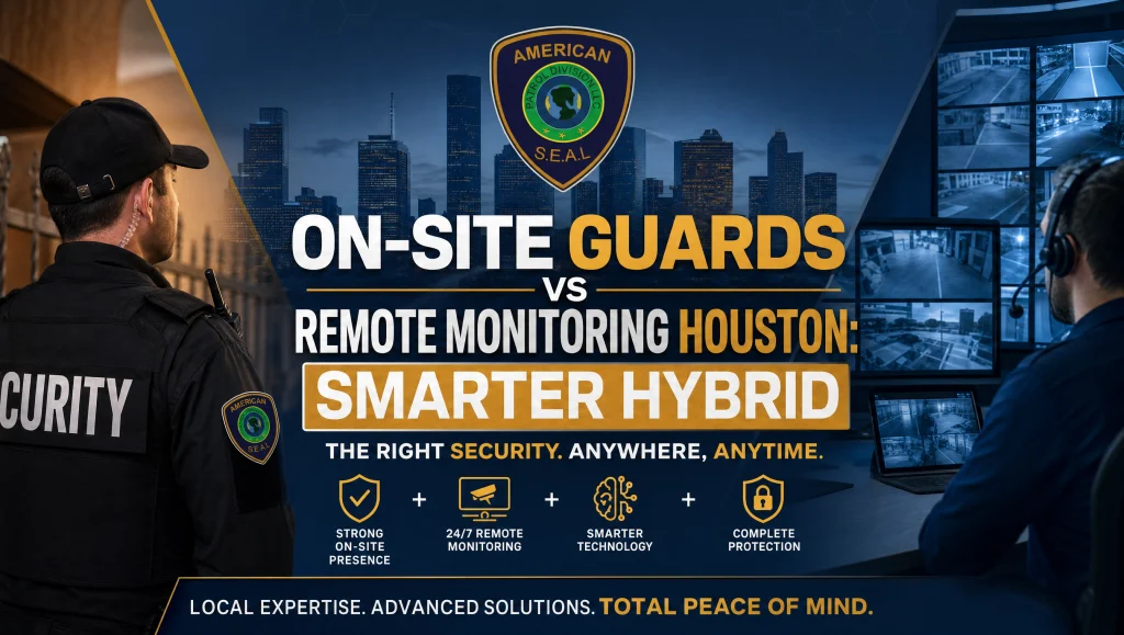 On-Site Guards vs Remote Monitoring Houston: Smarter Hybrid 5 Security supervisor in Houston comparing guard patrol logs with live security cameras—on-site guards vs remote monitoring Houston in a layered, hybrid security model.