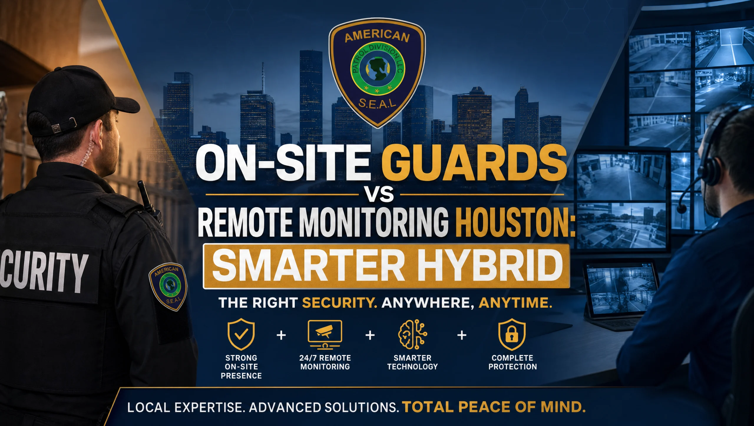 On-Site Guards vs Remote Monitoring Houston: Smarter Hybrid 2 Security supervisor in Houston comparing guard patrol logs with live security cameras—on-site guards vs remote monitoring Houston in a layered, hybrid security model.