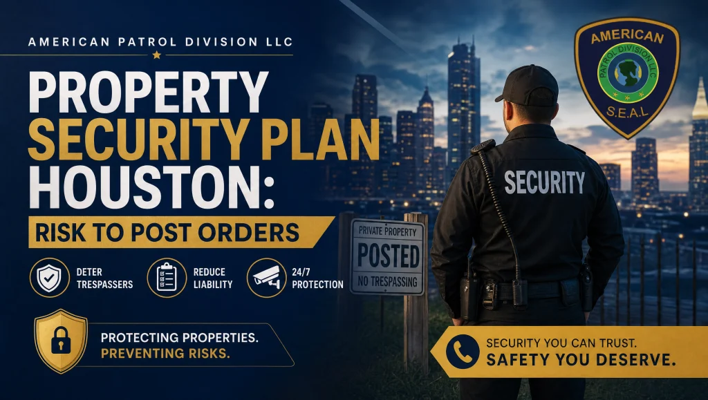 Property Security Plan Houston: Risk to Post Orders 6 property security plan Houston – security supervisor and apartment manager reviewing site maps, post orders, and patrol routes at a multifamily community