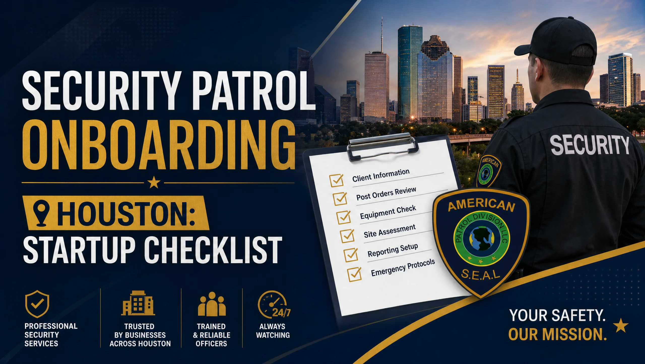 Supervisor and mobile officer review security patrol onboarding in Houston with a startup checklist and site map