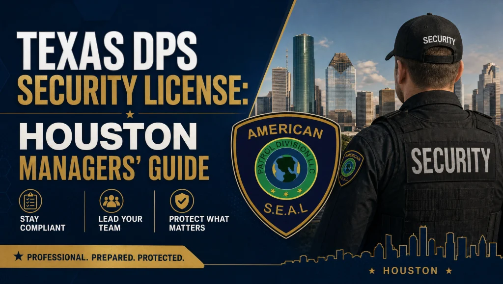 Texas DPS Security License: Houston Managers’ Guide 7 Houston property manager reviewing a guard company’s Texas DPS security license and insurance documents at a desk