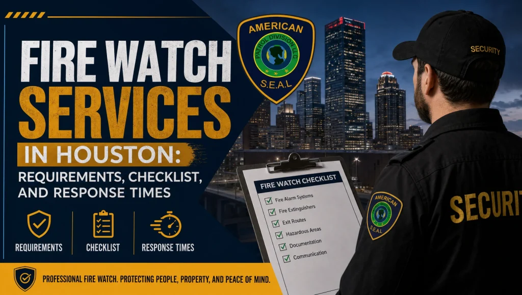 Fire watch services Houston team performing an overnight patrol at a multifamily property during a fire alarm outage, maintaining life safety in line with Houston fire code