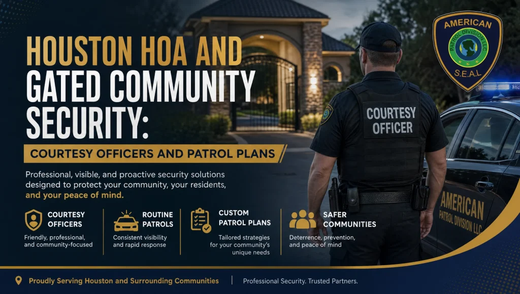 Courtesy officer on overnight patrol at a Houston gated community, supporting HOA security Houston with amenity enforcement and gate checks.