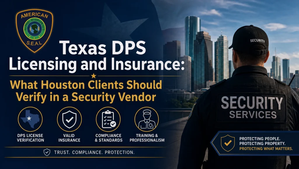 licensed security company Houston reviewing Texas DPS licenses, insurance, and a compliance checklist with a property manager