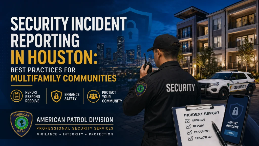 Security incident reporting Houston in an apartment community: officer uses a mobile app for time-stamped logs, photo documentation, and de-escalation notes.