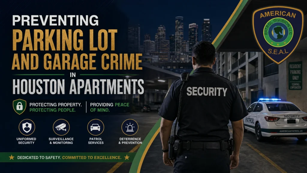 Apartment Parking Security Houston: Practical Guide 5 Mobile patrol in a well-lit Houston apartment garage to strengthen apartment parking security Houston, with CCTV integration and clear sightlines