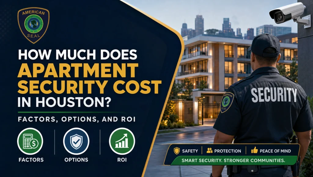 Apartment Security Cost Houston: Factors, Options & ROI 7 Property manager in Houston reviewing apartment security cost Houston options with a security supervisor—comparing guard coverage, mobile patrols, and CCTV.