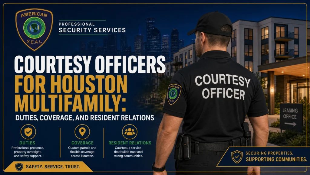 Courtesy Officers Houston: Duties, Coverage & Relations 3 Courtesy officers Houston team patrolling an apartment community common area, supporting resident relations, de-escalation, and visible coverage.