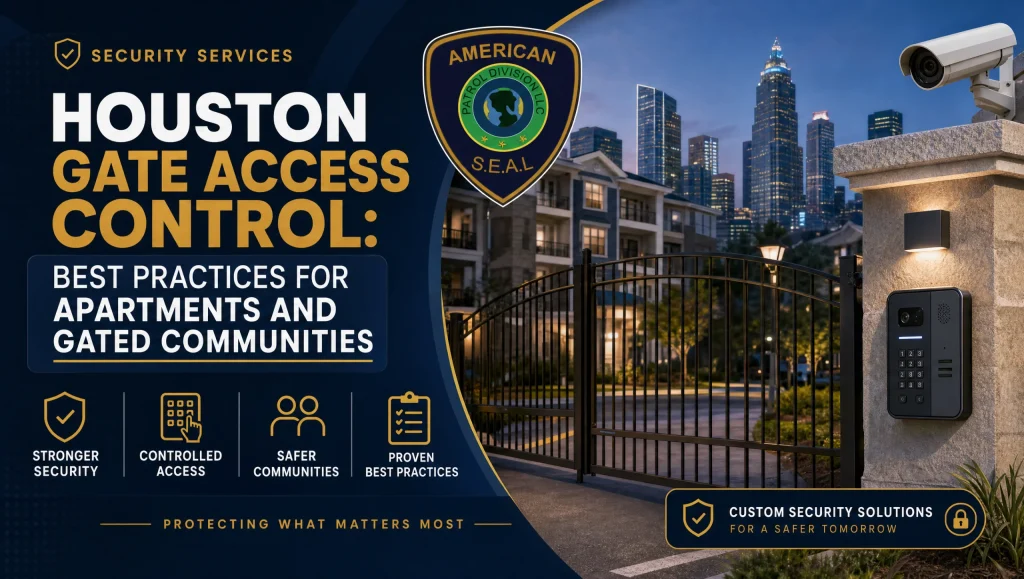Gate access control Houston: resident vehicle entering a Houston apartment community through a keypad-controlled gate with camera integration and live operator response