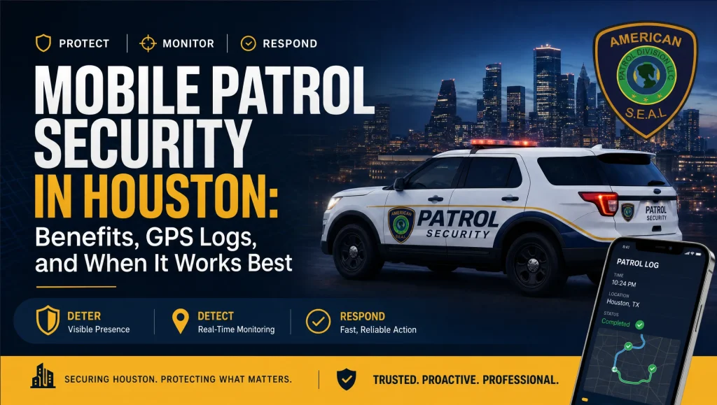 Mobile Patrol Security Houston: Benefits and GPS Logs 8 Mobile patrol security Houston team performing GPS-verified vehicle and foot patrols at a Houston apartment community in the evening